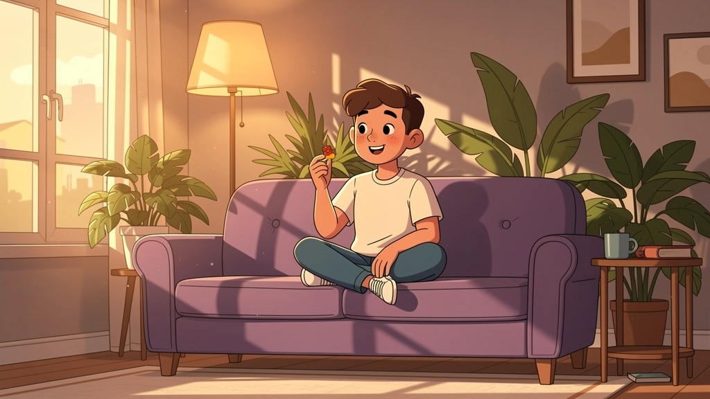 Cartoon person relaxing with Delta 8 gummy