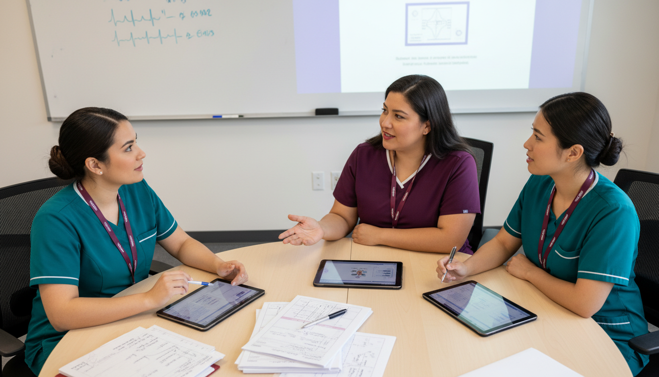 Clinical educator mentoring nurses around a table with tablets and charts in a bright training classroom, overhead view showing hands, devices, and engaged faces conveying collaboration and leadership.