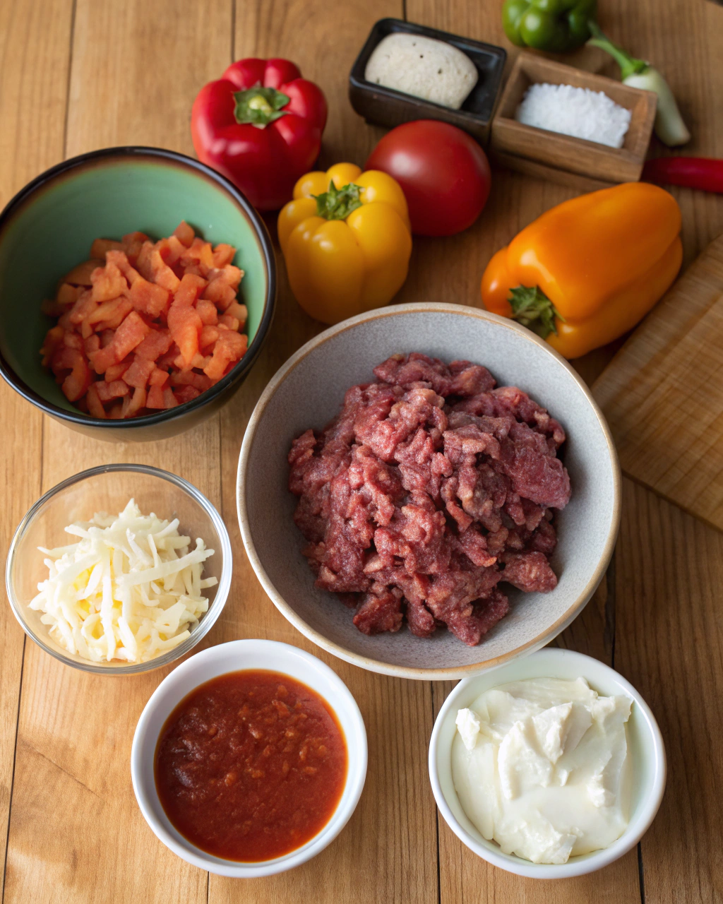 Fresh ingredients for creamy keto taco soup arranged on a wooden cutting board including ground beef, bell pepper, cream cheese, and spices