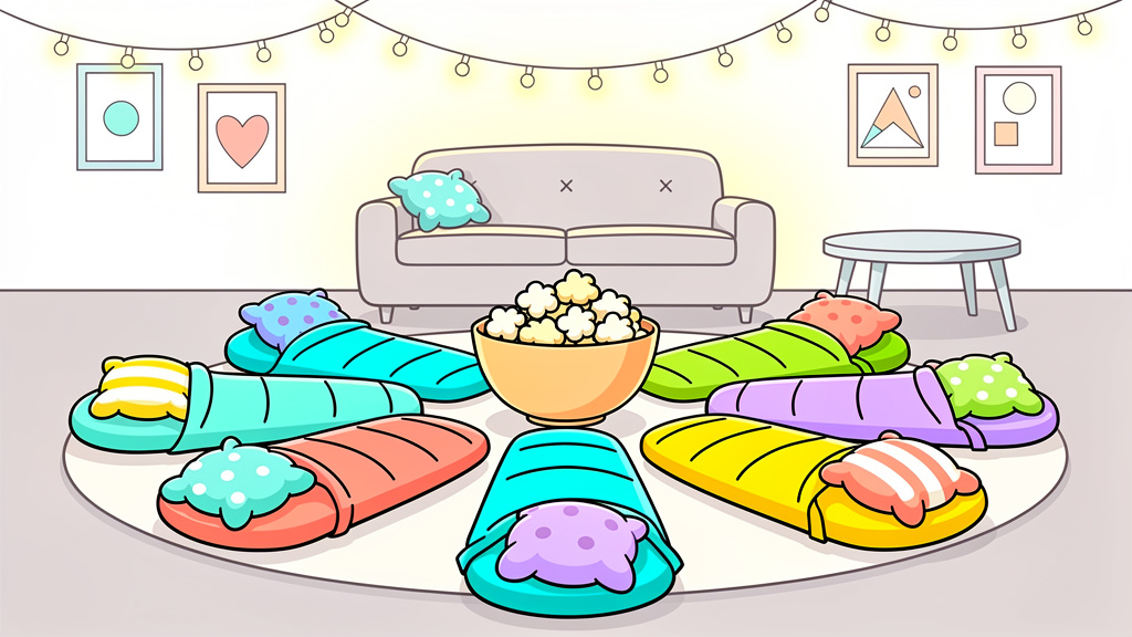 Cartoon sleepover setup with sleeping bags and cozy details