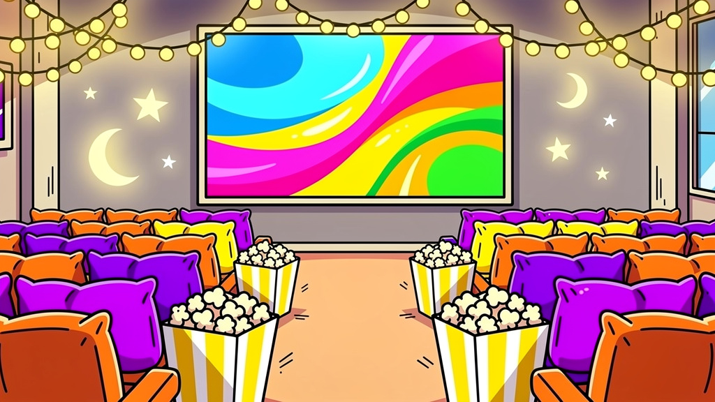 Cartoon movie night sleepover with pillows and popcorn