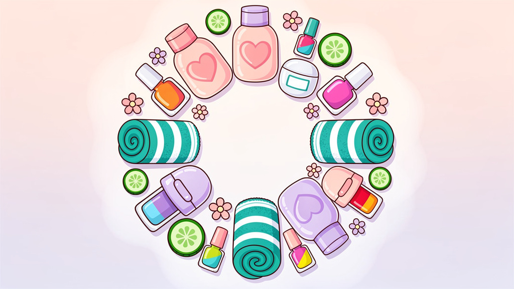 Cartoon spa sleepover items with face masks and polish