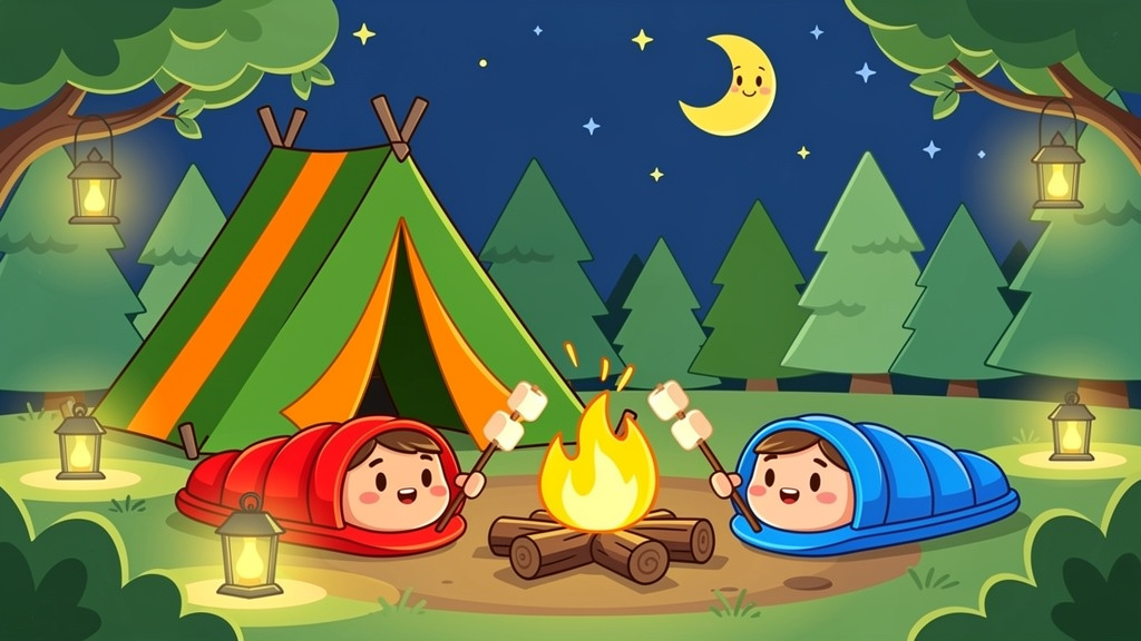 Cartoon camping sleepover with tent and campfire