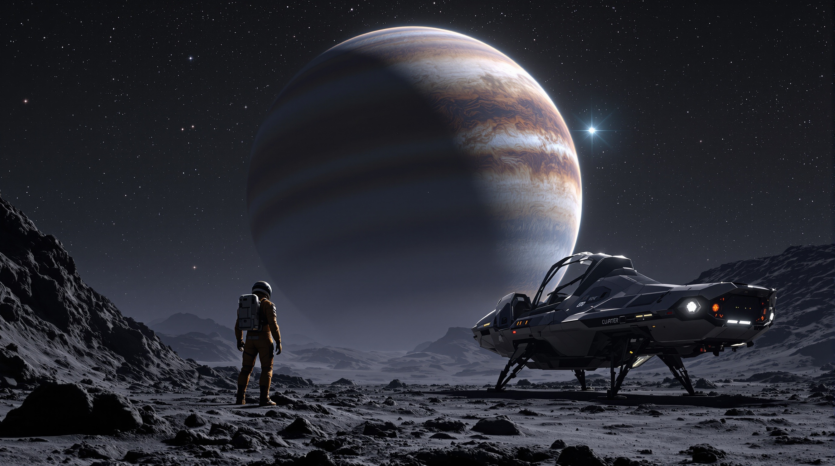 Vista espectacular desde la cabina de una nave en Elite Dangerous hacia una estación espacial y un planeta anillado