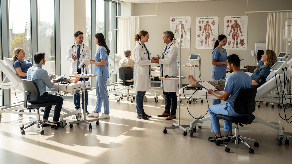 Medical students practicing role-play scenarios in clinical training facility