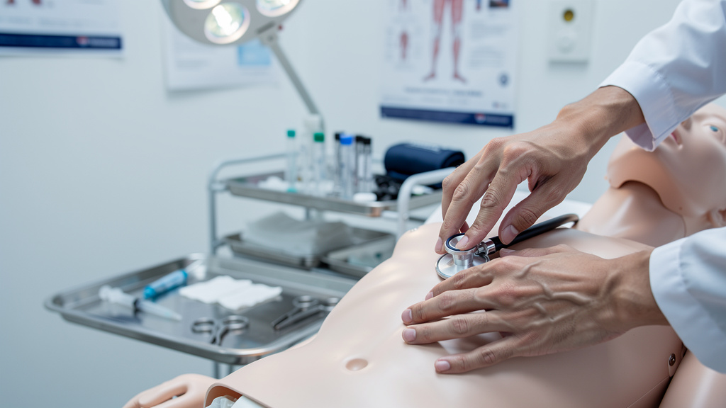 Medical professional practicing physical examination techniques for AMC exam