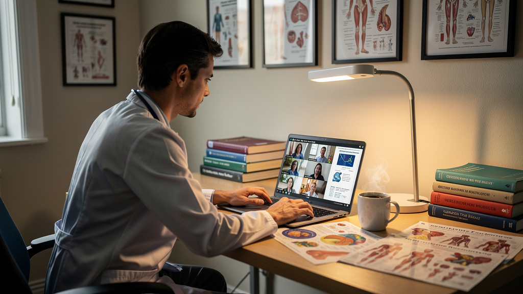 Doctor studying AMC clinical preparation through online virtual platform