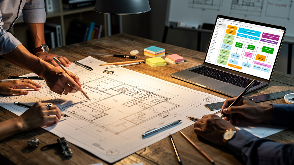 Engineers collaborating on complex software architecture design