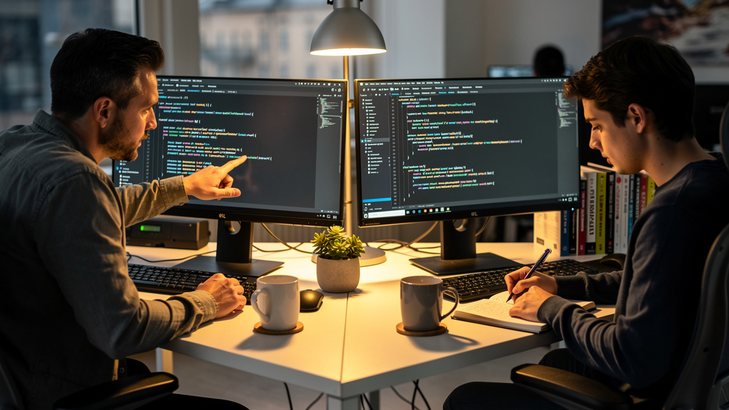 Senior developer mentoring junior programmer on coding fundamentals