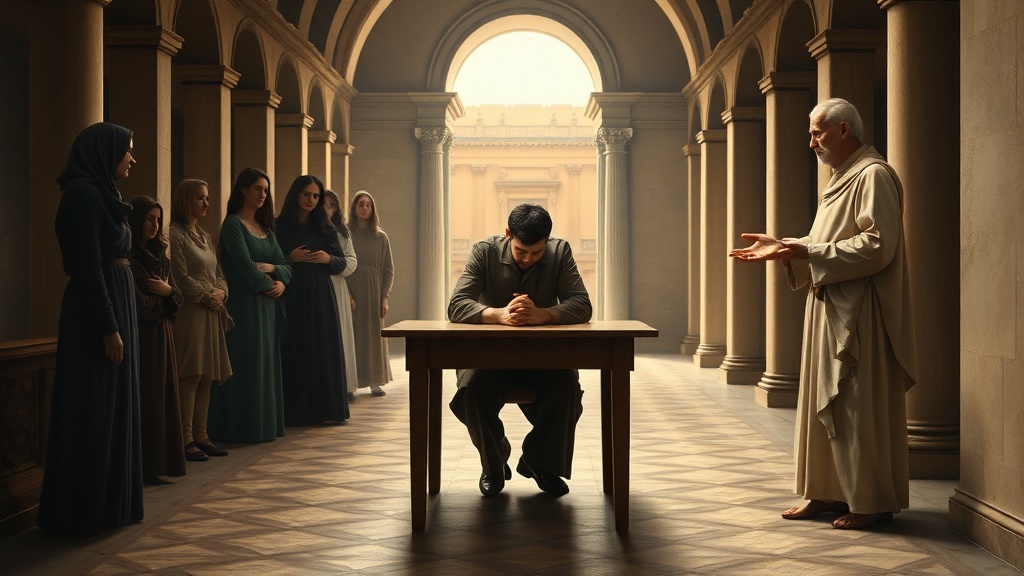 Allegorical painting about truth and repentance