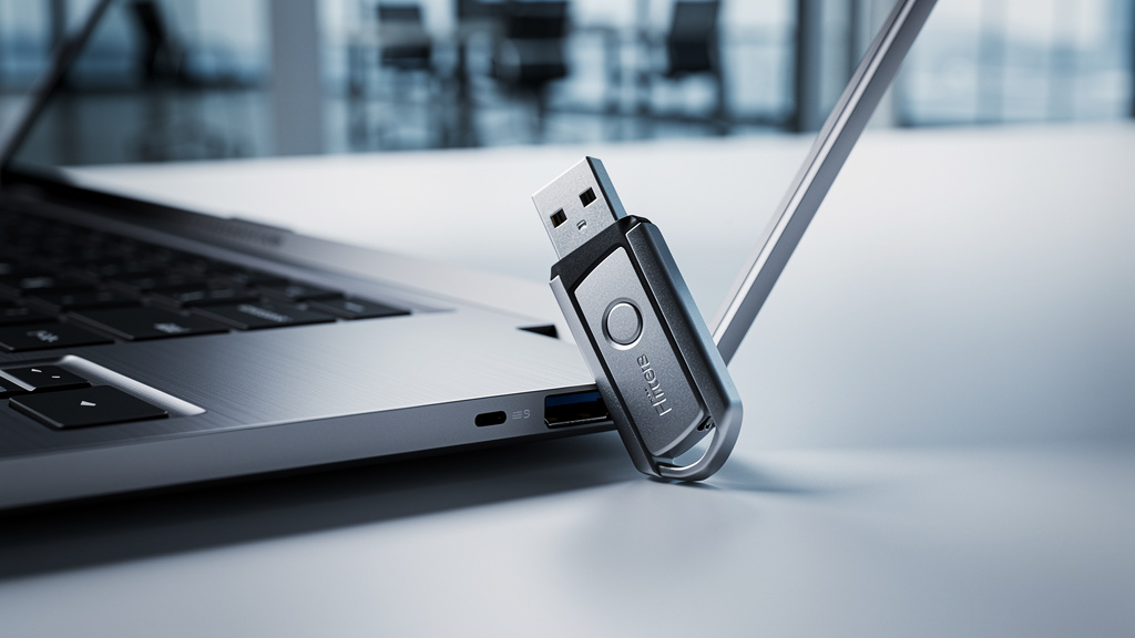 Hardware security key being inserted into laptop