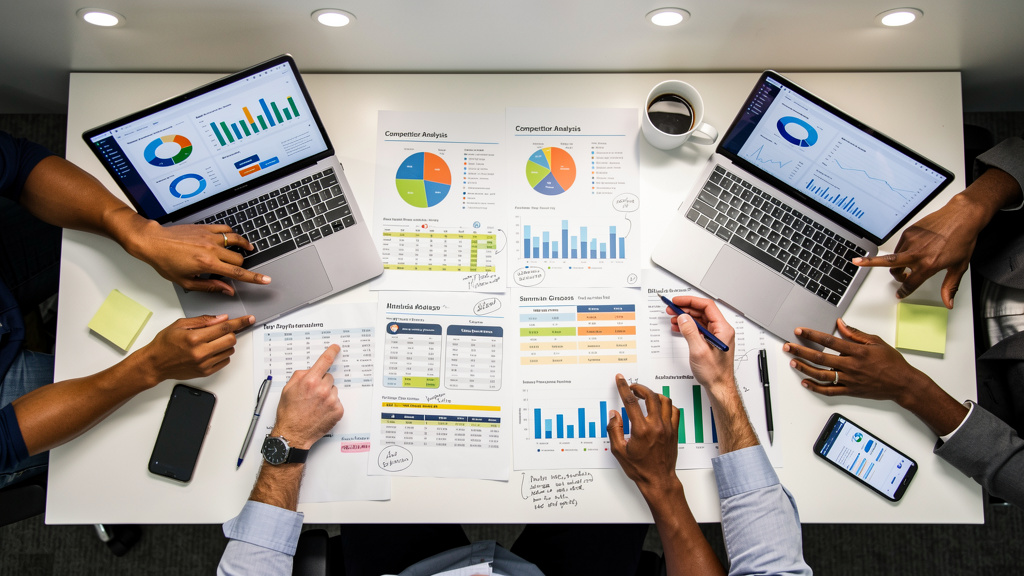 Team collaborating on competitor SEO analysis reports