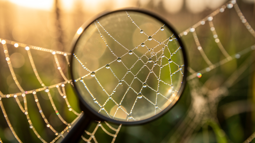Spider web with magnifying glass representing website crawling – SEO Auditing Tools