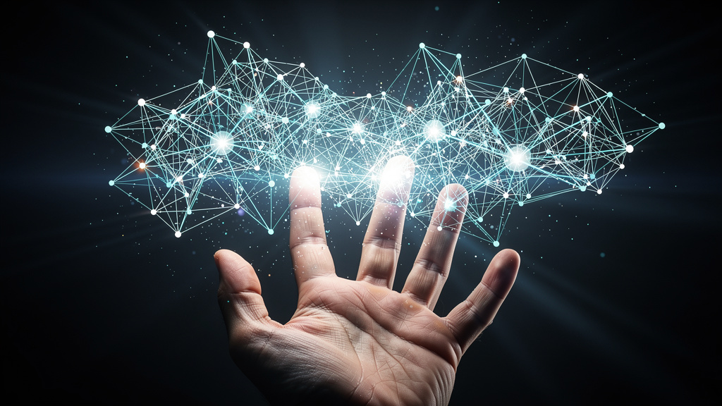Hand interacting with AI neural network visualization