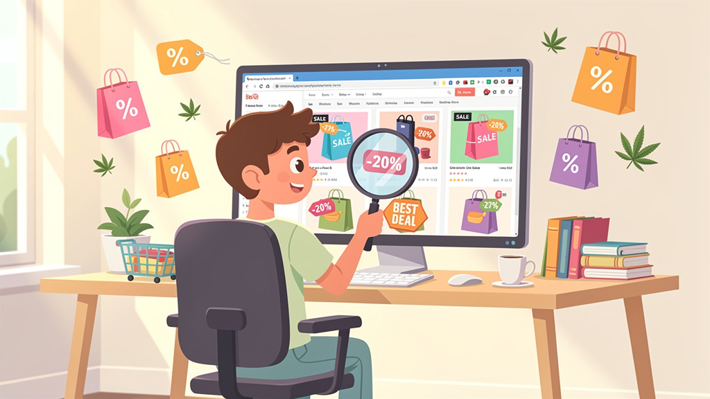 Cartoon illustration of online cannabis deal shopping