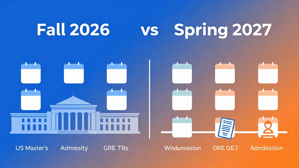 2026美國碩士申請時間軸比較圖，標示Fall與Spring入學季的GRE繳件期限、簽證面試時程、CPT實習資格取得日期與企業招募季節差異