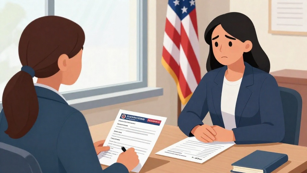 F-1學生簽證面試場景，國際學生在美國大使館領事窗口接受面談，桌上有I-20錄取文件與護照，背景為美國國旗