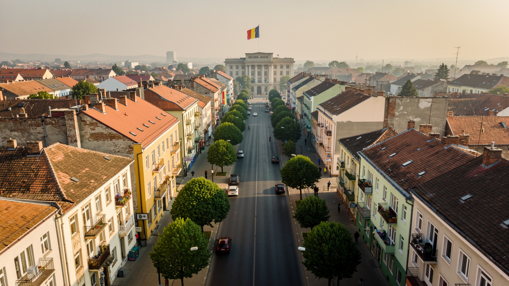 Romanian city architecture with government buildings