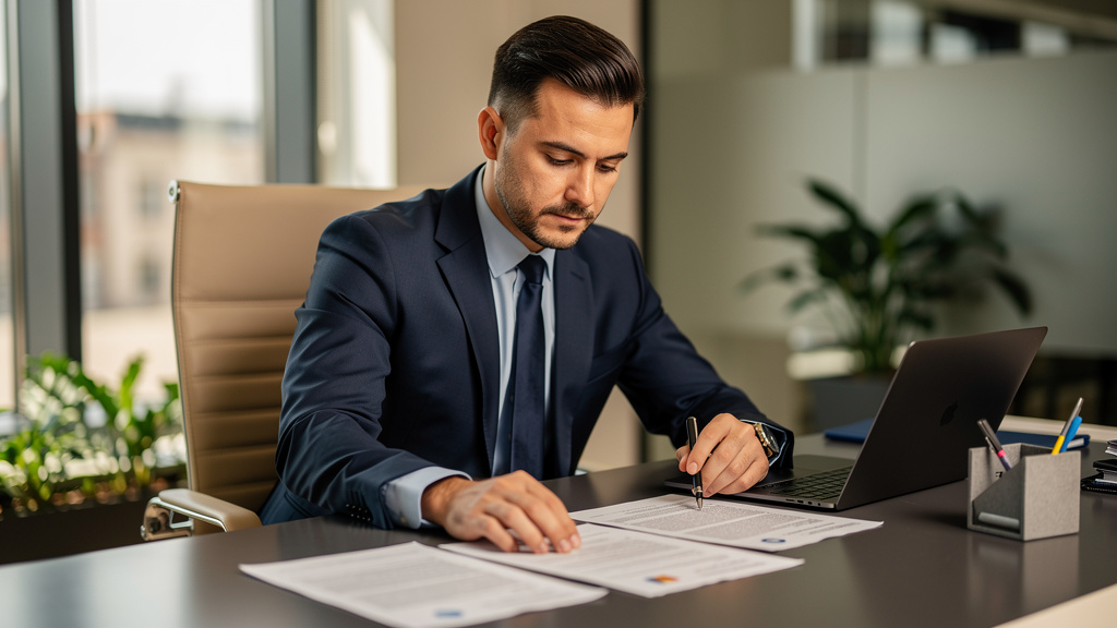 Professional reviewing official documents at office