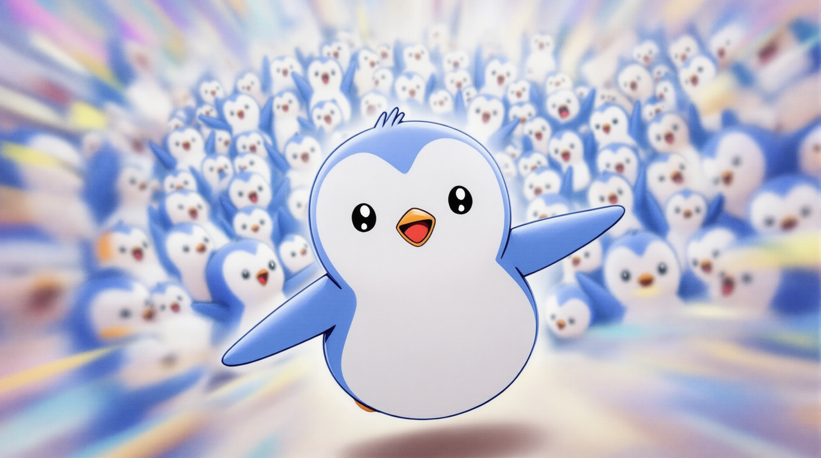 a blurred crowd of cheering penguins.