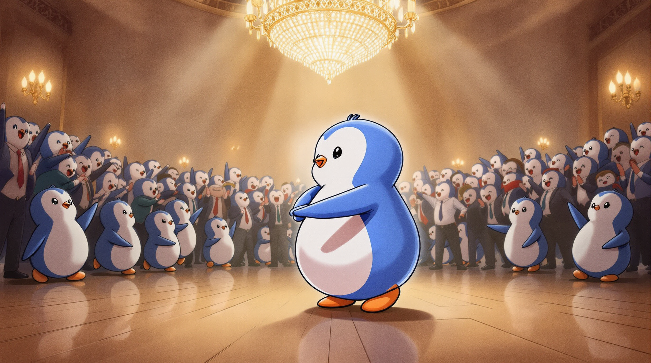 dirty dancing penguins: 2 penguin dancing in the ballroom, with a blurred crowd of cheering penguins behind them