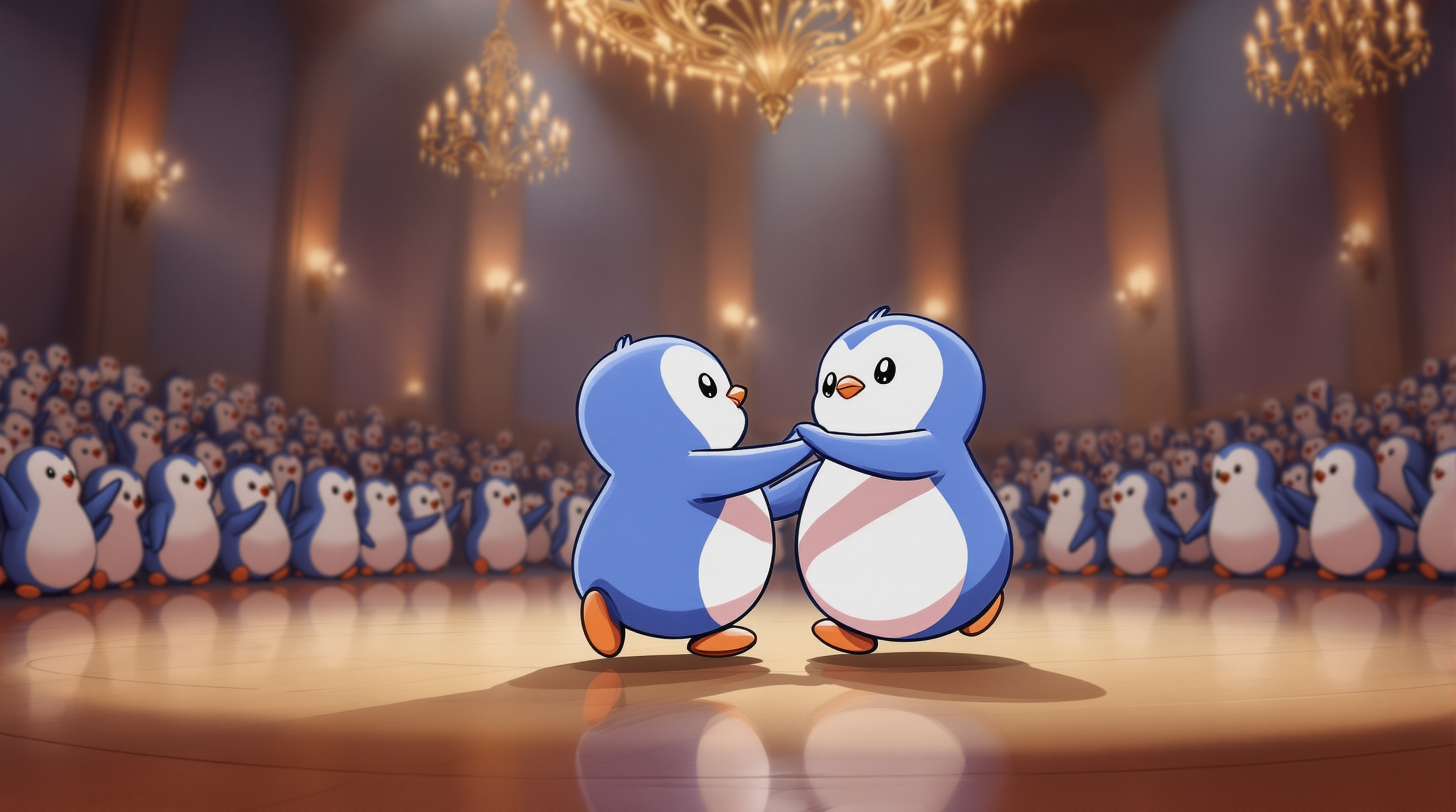 2 penguins dancing in a ballroom, with a blurred crowd of cheering penguins behind them