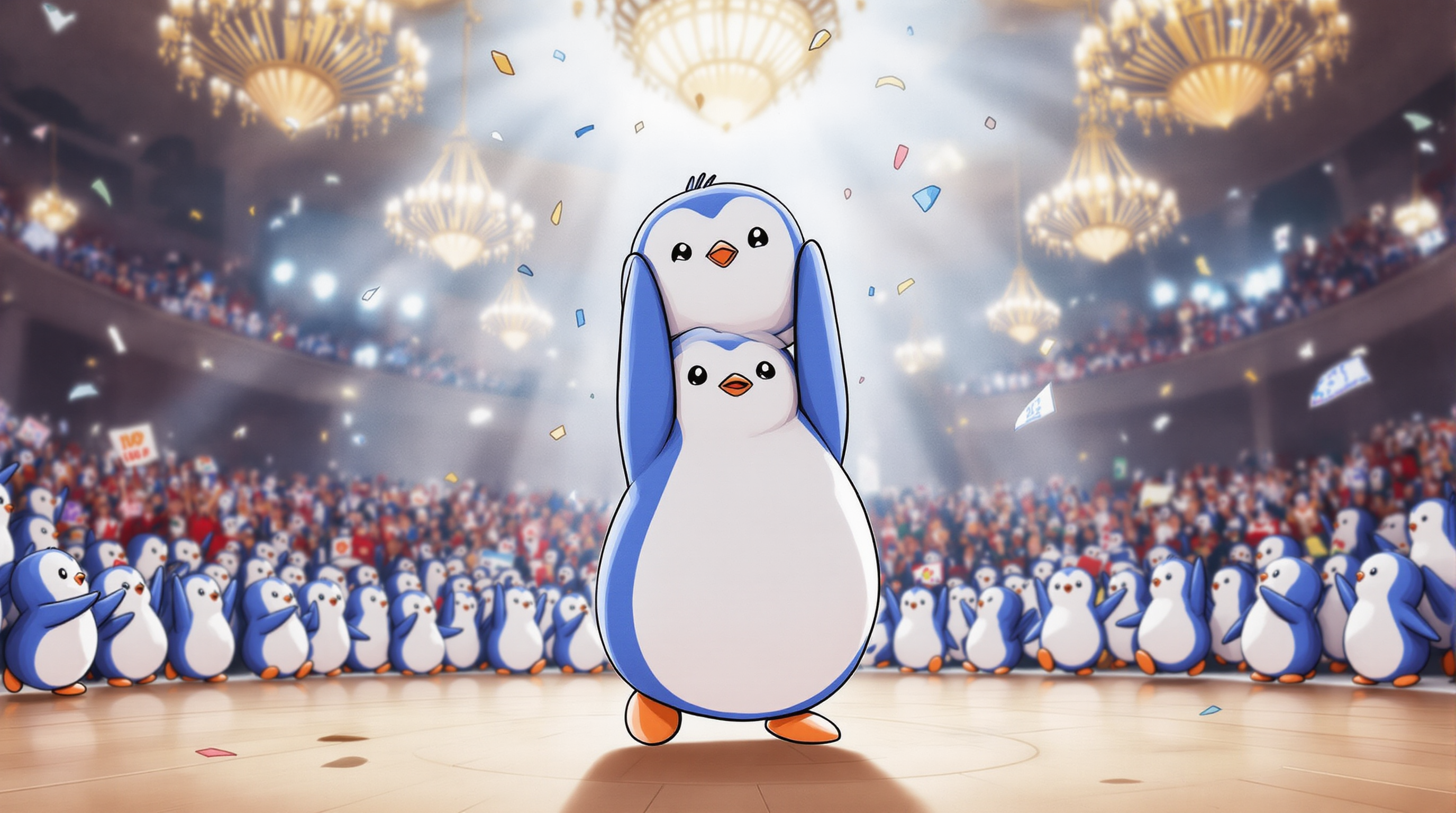 2 penguins dancing: 1 penguin is lifting another penguin high in the air in a ballroom, with a blurred crowd of cheering penguins behind them