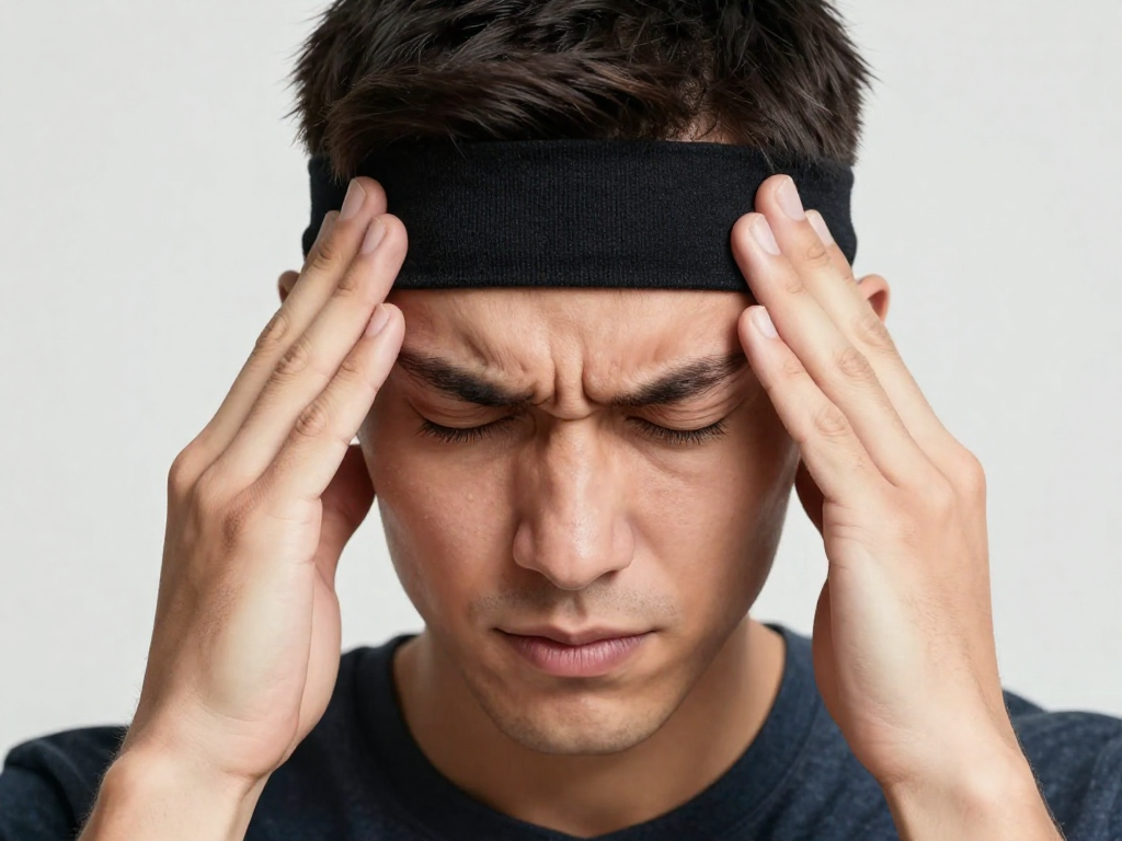 A person with a tight band squeezing their head, representing a tension headache. The image should convey mild discomfort but with a hopeful, determined expression. Style: professional, inspiring, heroic. Focus on the head and shoulders.