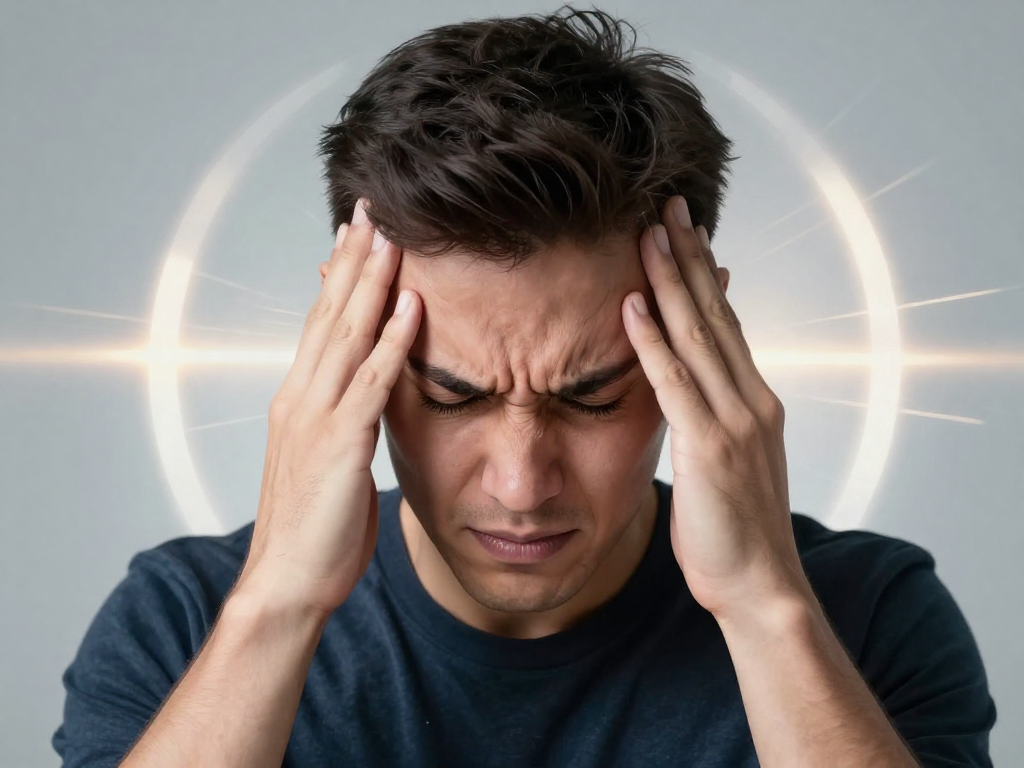 A person clutching their head in intense pain, with stylized light and sound waves radiating around them, representing a migraine. The overall tone should be serious but with a hint of a solution or hope in the background. Style: professional, inspiring, heroic. Focus on the person's head and upper body.
