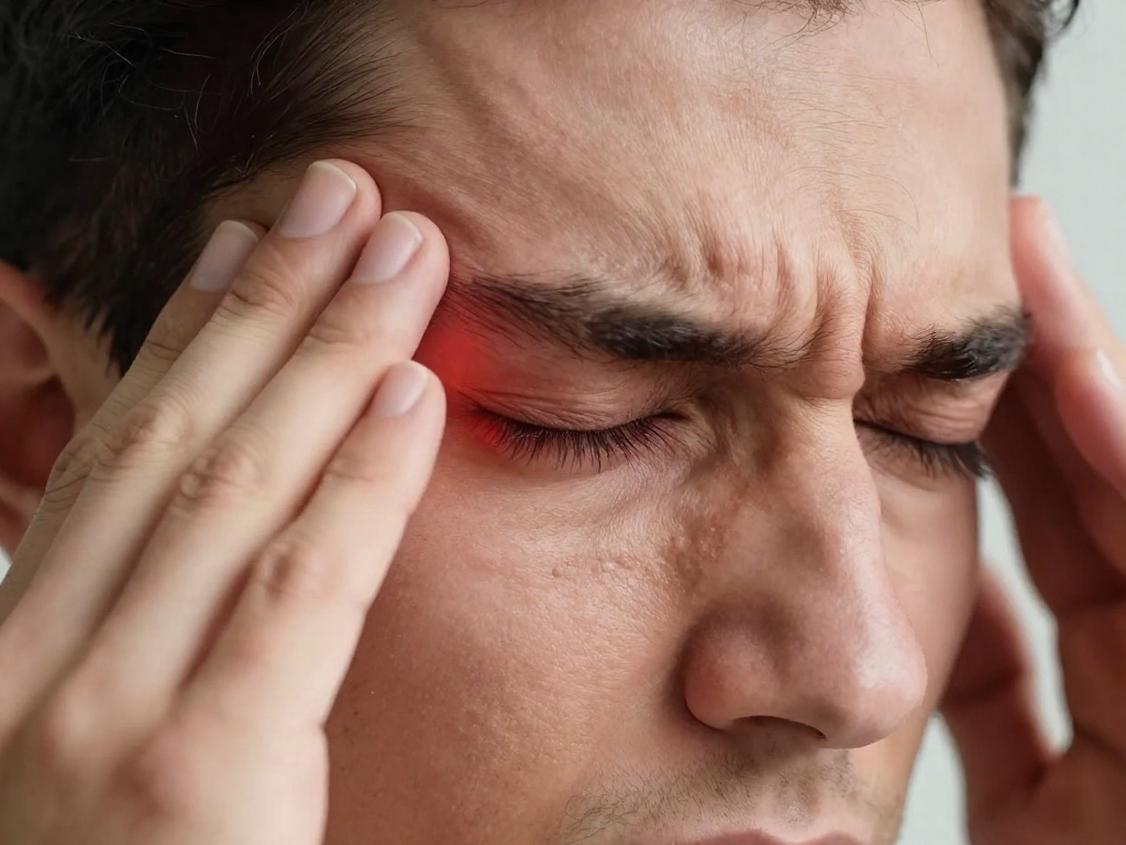 A stylized human head with intense, focused pain radiating from behind one eye, representing a cluster headache. The image should convey extreme severity but also a sense of focused determination to overcome. Style: professional, inspiring, heroic. Close-up on the eye and surrounding area.