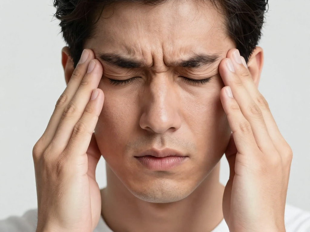 A person holding their hand to their forehead and cheekbones, indicating sinus pressure. The image should convey mild to moderate discomfort but with a sense of clarity and relief emerging. Style: professional, inspiring, heroic. Focus on the face and hands.