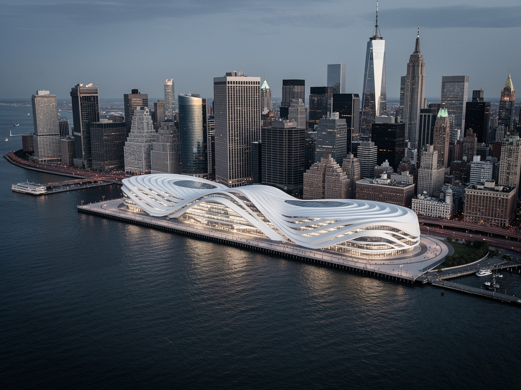 design a parametric sports complex in middle of newyork next to water. the building starts from shore and continues to water like how a dock is streched in water. inspired from creases of clothes. an image from distance of all towers of newyork with this tower being in middle of image highlighted. hyperrealistic photo. building is made of white matte and non-transparent glass panels combined with reflective glass and matte titanium panels