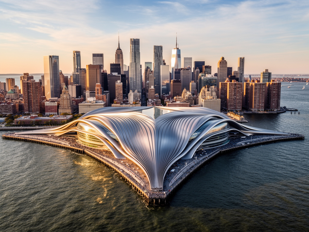 design a parametric sports complex in middle of newyork inside water. the building starts from shore and continues to inside the water and away from the shore. inspired from curved creases of clothes. an image from distance of all towers of newyork with this building being in middle of image highlighted. hyperrealistic photo. building is made of white matte and non-transparent glass panels combined with reflective glass and matte titanium panels