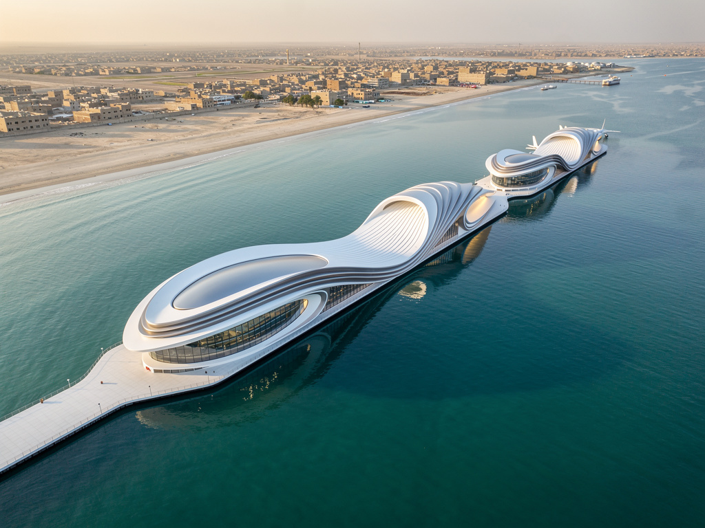 design a parametric aviation complex in middle of Chabahar inside water. the building starts from shore and continues to inside the water and away from the shore. inspired from curved creases of clothes. an image from distance of shore of Chabahar with this building being in middle of image highlighted. hyperrealistic photo. building is made of white matte and non-transparent glass panels combined with reflective glass and matte titanium panels
