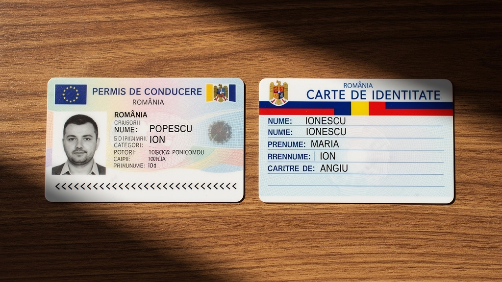Driver's license and identity card on wooden desk