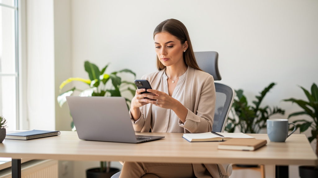 Woman completing online application on smartphone at home