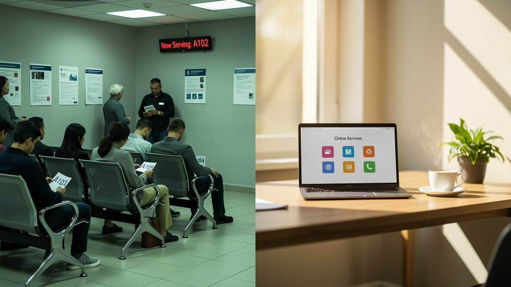 Comparison of traditional office waiting versus online convenience