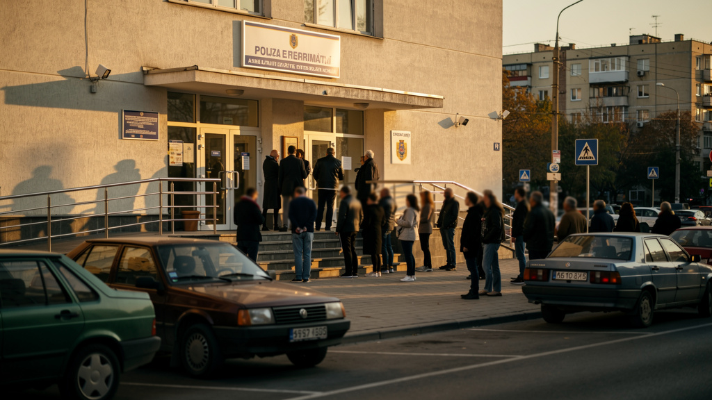 People waiting in queue outside Romanian police station