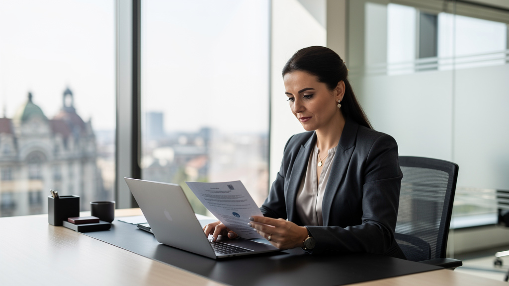 Romanian businesswoman reviewing documents in modern corporate office