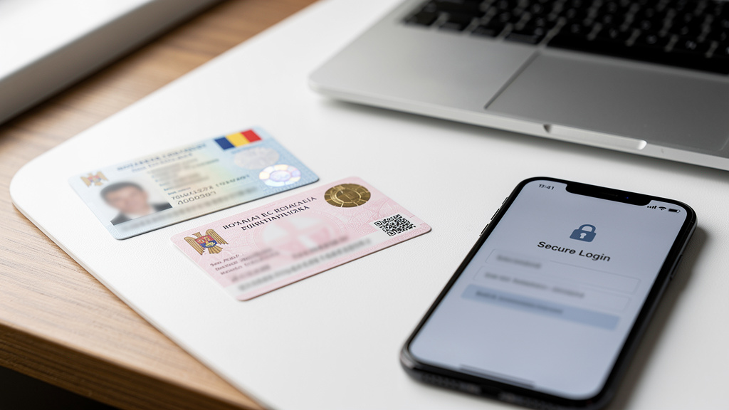 Romanian identity documents and laptop for online application process