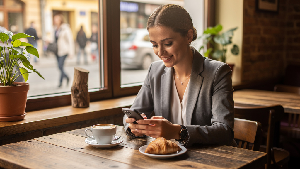 Woman ordering online services comfortably from cafe in Cluj
