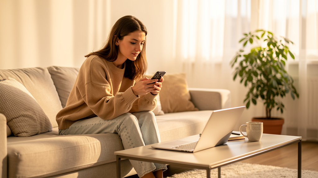 Woman ordering auto record online from smartphone at home