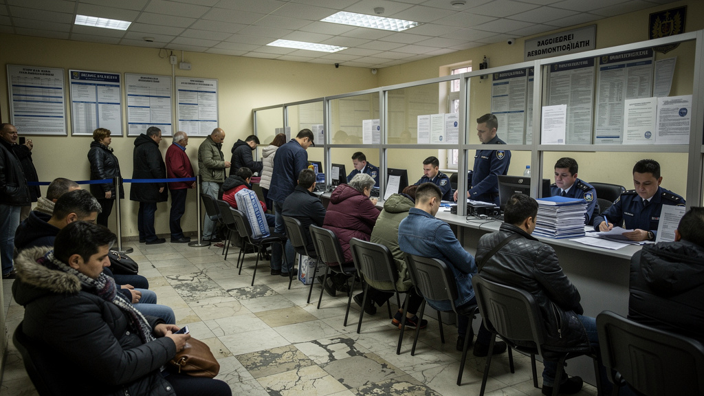 Long queue of people waiting at police station