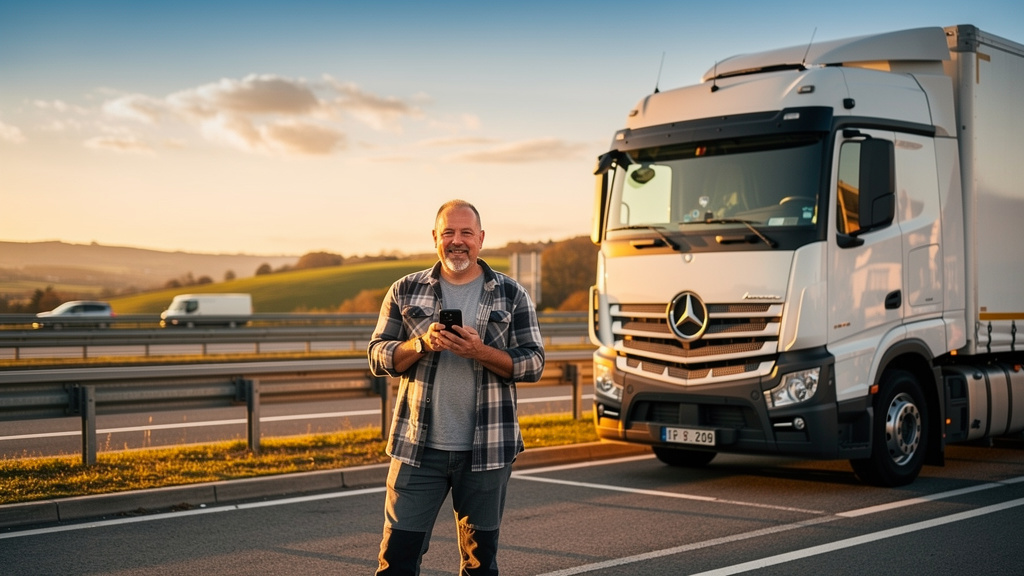 Professional truck driver with smartphone near semi-truck
