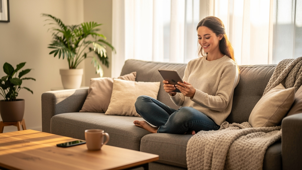 Woman completing online document request from home