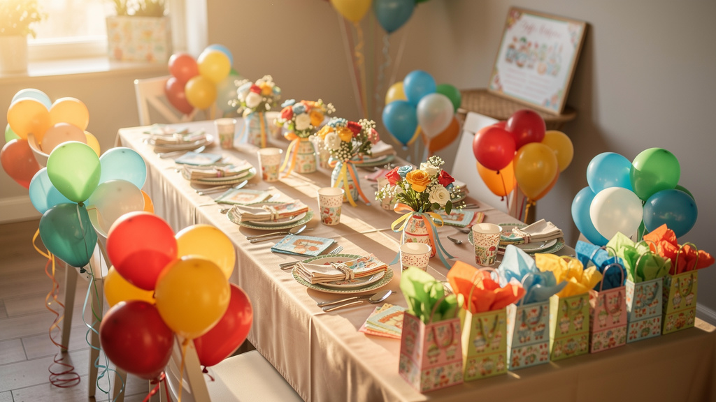 Themed party decorations matching invitation color scheme