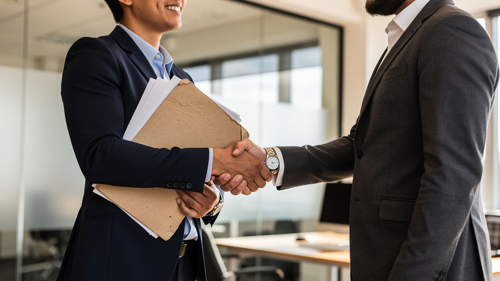 Job interview handshake with hiring documents