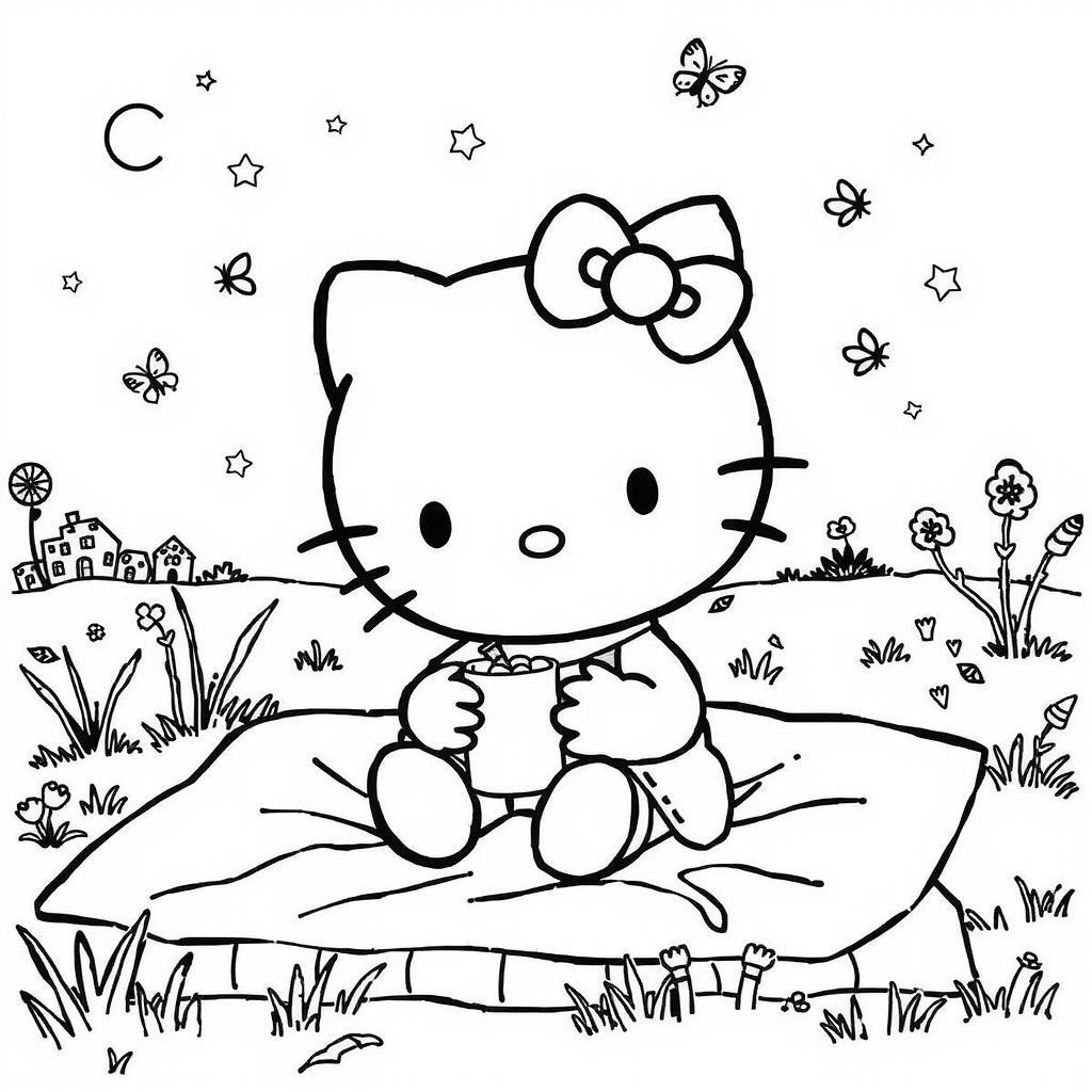 Hello Kitty Moonlight Picnic Coloring Page