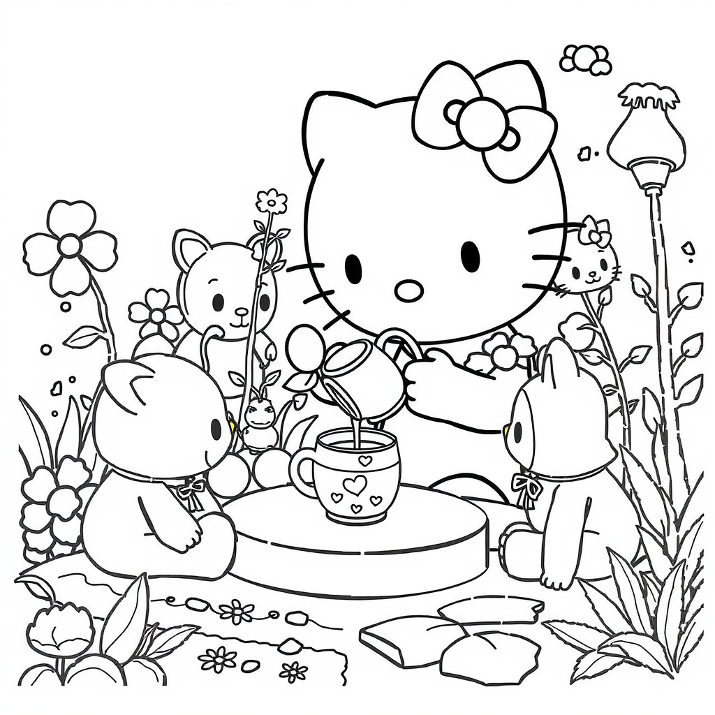 Hello Kitty Garden Tea Coloring Page