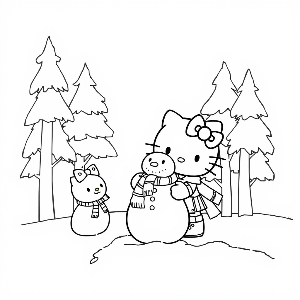 Page à colorier Hello Kitty Snowman Friends